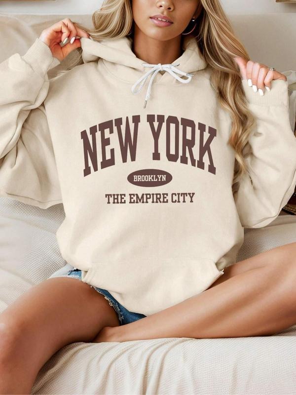 Letter Print Drop Shoulder Casual Drawstring Hooded Daily Outdoor Fall & Winter T-Shirts, Hoodie, Sweatshirt - T-Shirt, Sweatshirt, Hoodie