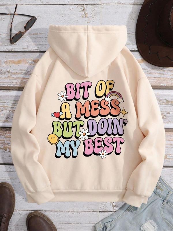 Letter Print Drop Shoulder Casual Drawstring Kangaroo Pocket Hooded Daily Outdoor Clothes Fall & Winter T-Shirts, Hoodie, Sweatshirt - T-Shirt, Sweatshirt, Hoodie