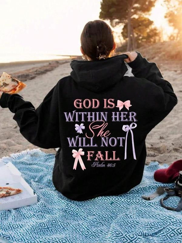 Letter Print Drop Shoulder Casual Drawstring Pocket Hooded Daily Outdoor Clothes Fall & Winter T-Shirts, Hoodie, Sweatshirt - T-Shirt, Sweatshirt, Hoodie