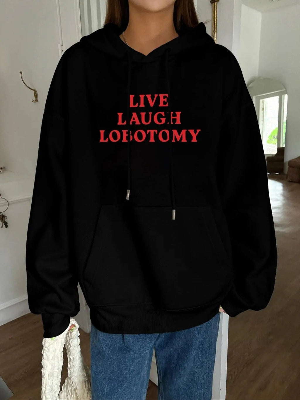 Letter Print Drop Shoulder Casual Drawstring Pocket Hooded Daily Outdoor Fall & Winter T-Shirts, Hoodie, Sweatshirt - T-Shirt, Sweatshirt, Hoodie