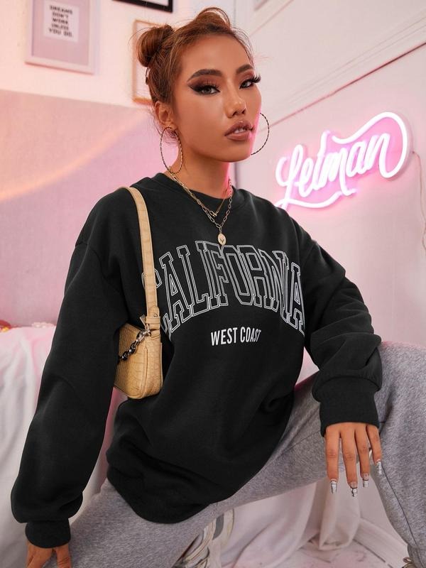 Letter Print Drop Shoulder Without Necklace Casual Long Sleeve Round Neck Fall & Winter Clothes Daily T-Shirts, Hoodie, Sweatshirt - T-Shirt, Sweatshirt, Hoodie