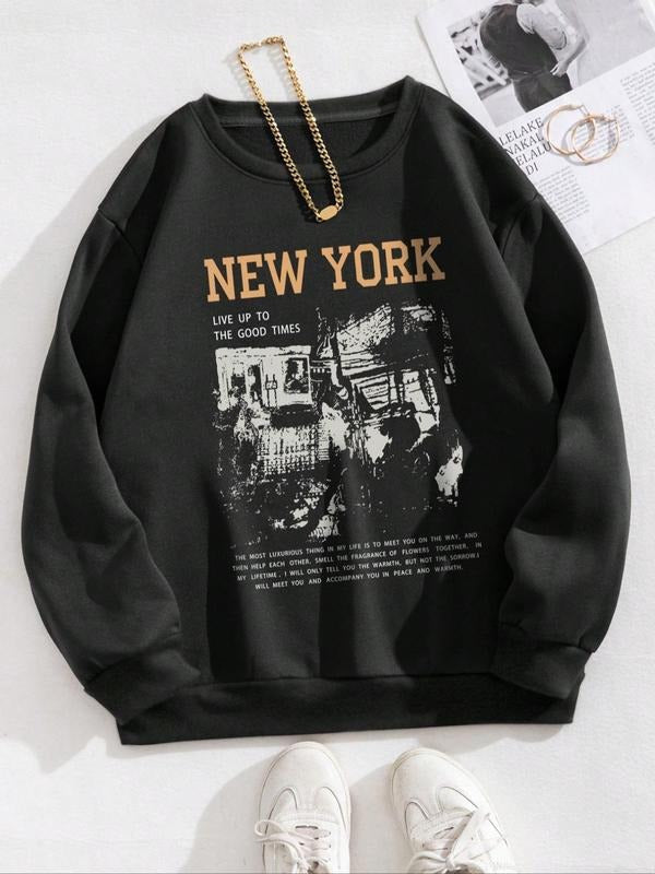 Letter Print Drop Shoulder Casual Long Sleeve Crew Neck Daily Fall & Winter Clothes T-Shirts, Hoodie, Sweatshirt - T-Shirt, Sweatshirt, Hoodie