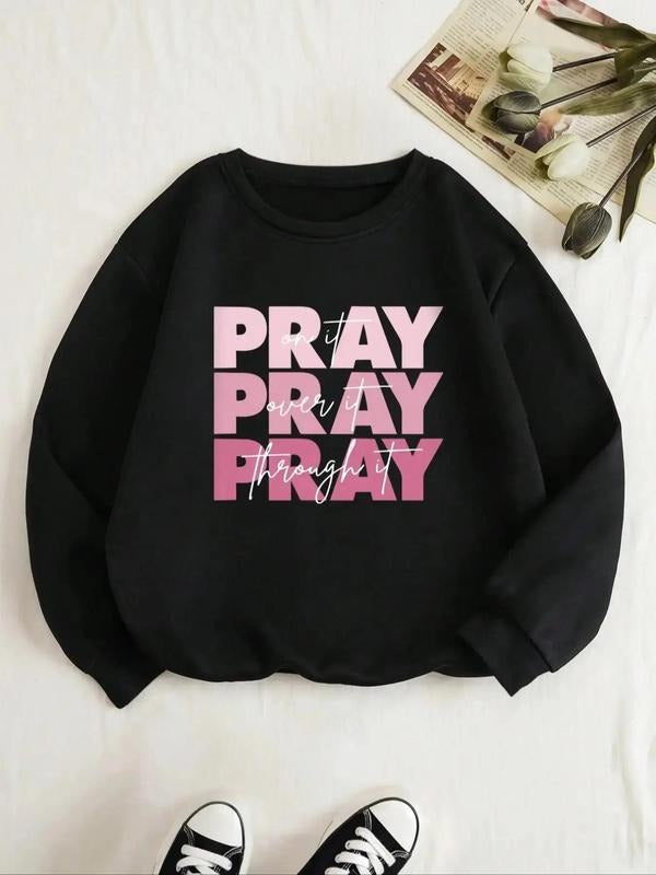 Letter Print Drop Shoulder Casual Round Neck Fall & Winter Clothes Daily T-Shirts, Hoodie, Sweatshirt - T-Shirt, Sweatshirt, Hoodie