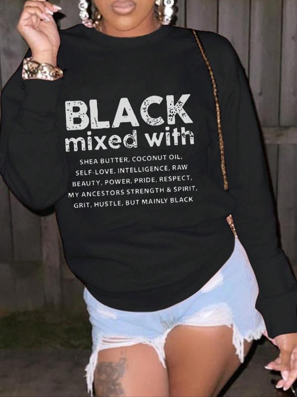 Letter Print Drop Shoulder Casual Round Neck Spring & Fall Clothes Daily T-Shirts, Hoodie, Sweatshirt - T-Shirt, Sweatshirt, Hoodie