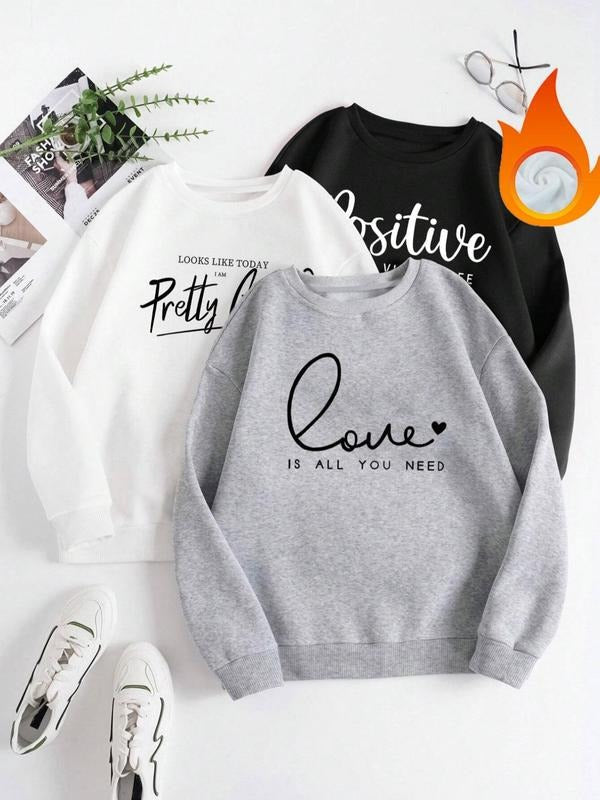 Letter Print Drop Shoulder Casual Long Sleeve Round Neck Fall & Winter Clothes Daily Wearstyle{N002}4 T-Shirts, Hoodie, Sweatshirt - T-Shirt, Sweatshirt, Hoodie