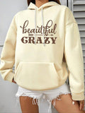 Letter Print Drop Shoulder Thermal Lined Casual Drawstring Pocket Hooded Daily Outdoor Fall & Winter T-Shirts, Hoodie, Sweatshirt - T-Shirt, Sweatshirt, Hoodie