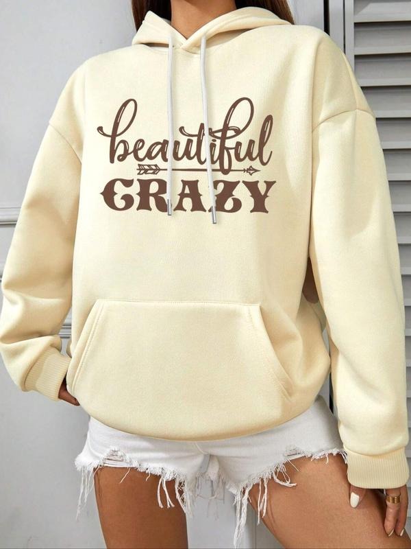 Letter Print Drop Shoulder Thermal Lined Casual Drawstring Pocket Hooded Daily Outdoor Fall & Winter T-Shirts, Hoodie, Sweatshirt - T-Shirt, Sweatshirt, Hoodie