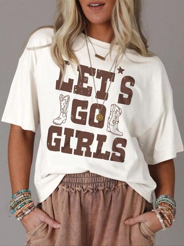 Letter Print Round Neck Vintage Casual Drop Shoulder Short Sleeve Daily Summer Clothes Western Tops T-Shirts, Hoodie, Sweatshirt - T-Shirt, Sweatshirt, Hoodie
