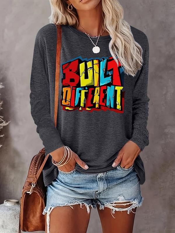 Letter Print Round Neck Casual Long Sleeve Crew Neck Fall & Winter Clothes Daily Wearstyle{N002}5 T-Shirts, Hoodie, Sweatshirt - T-Shirt, Sweatshirt, Hoodie