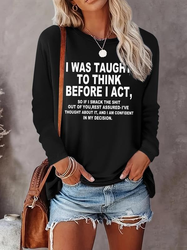 Letter Print Round Neck Casual Crew Neck Long Sleeve Daily Vacation Outdoor Tops Fall & Winter T-Shirts, Hoodie, Sweatshirt - T-Shirt, Sweatshirt, Hoodie