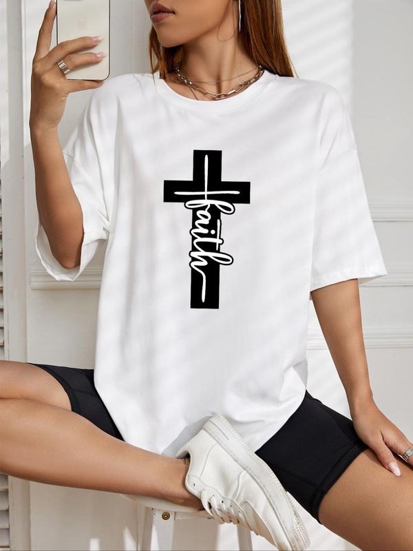 Letter Print Round Neck Summer Clothes Casual Cross Short Sleeve Crew Neck Summer Top Daily T-Shirts, Hoodie, Sweatshirt - T-Shirt, Sweatshirt, Hoodie