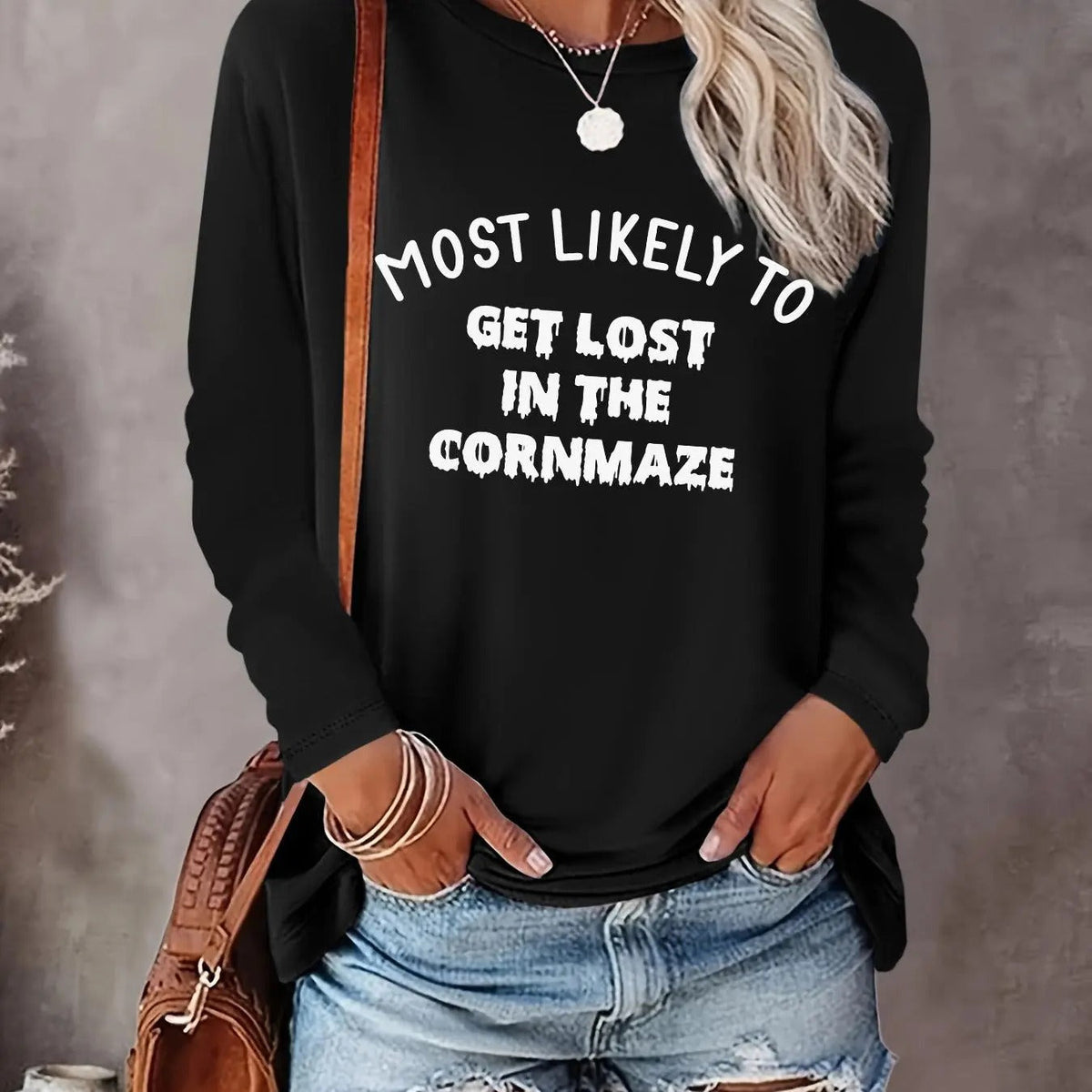 Letter Print Casual Long Sleeve Crew Neck Spring & Fall Top Daily T-Shirts, Hoodie, Sweatshirt - T-Shirt, Sweatshirt, Hoodie