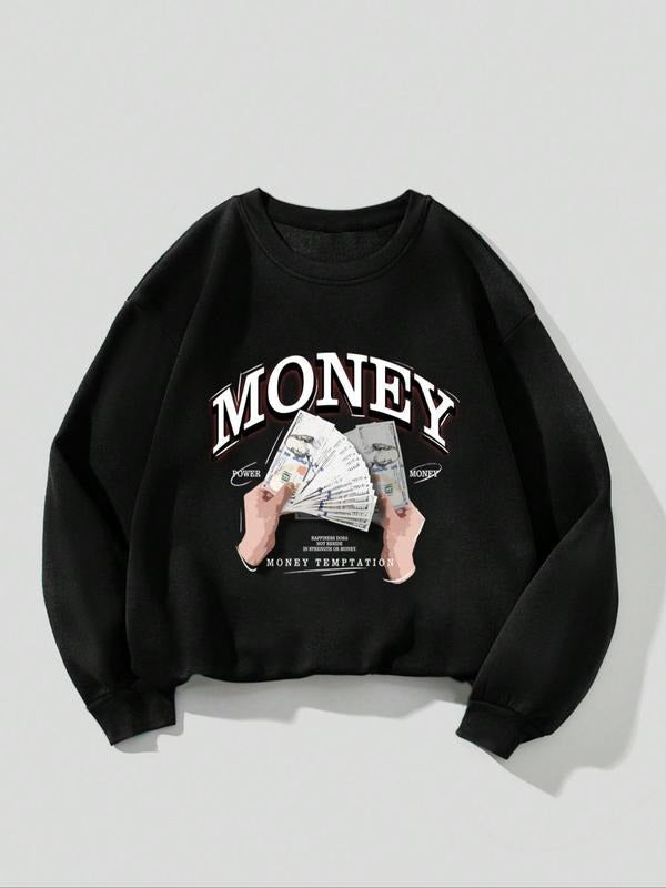 Money Drop Shoulder Round Neck Long Sleeve Casual Crew Neck Top Fall Winter T-Shirts, Hoodie, Sweatshirt - T-Shirt, Sweatshirt, Hoodie