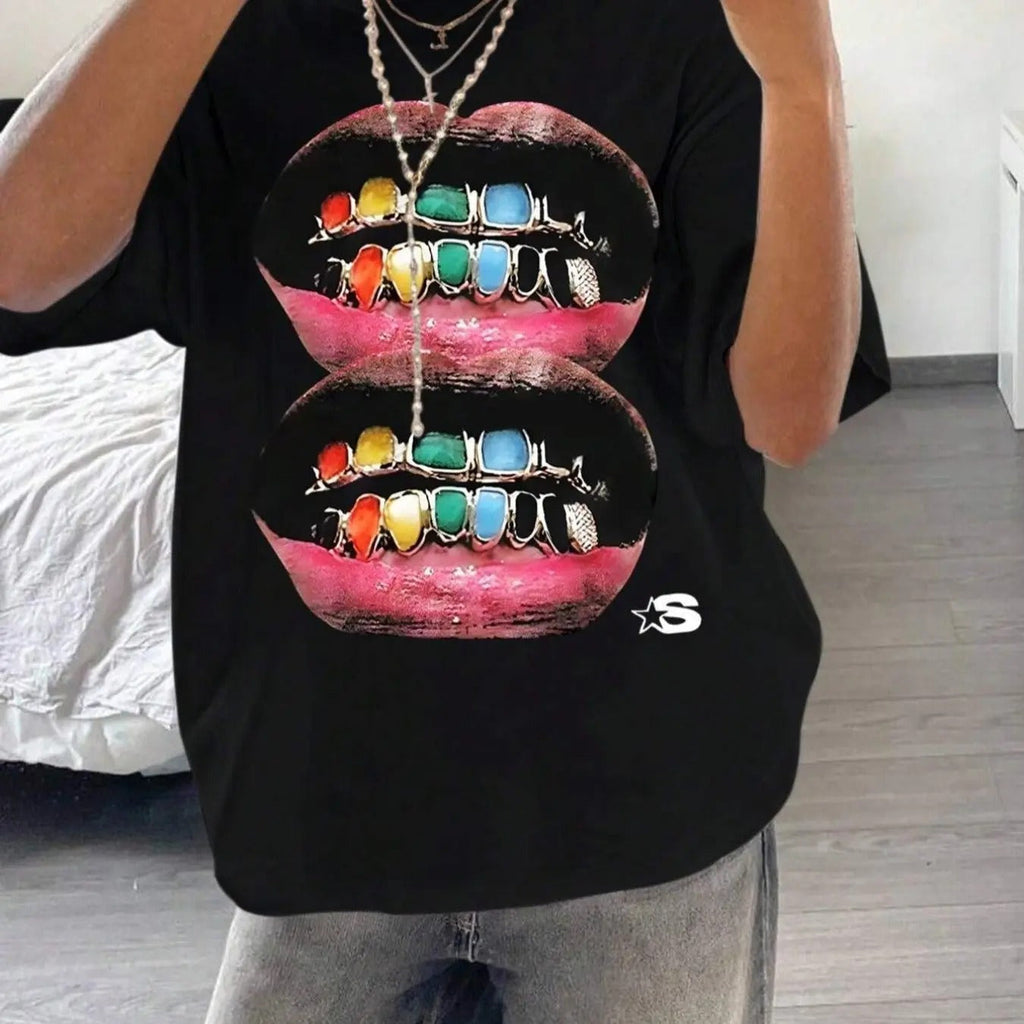 Mouth Print Round Neck Casual Drop Shoulder Short Sleeve Summer Clothes Daily T-Shirts, Hoodie, Sweatshirt - T-Shirt, Sweatshirt, Hoodie