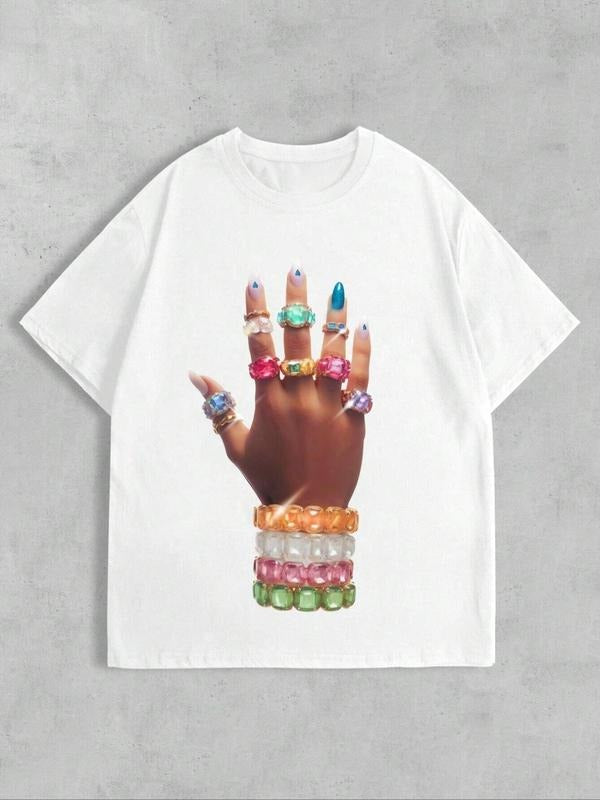 Multicolor Hand Print Drop Shoulder Casual Crew Neck Daily Vacation Outdoor Summer T-Shirts, Hoodie, Sweatshirt - T-Shirt, Sweatshirt, Hoodie