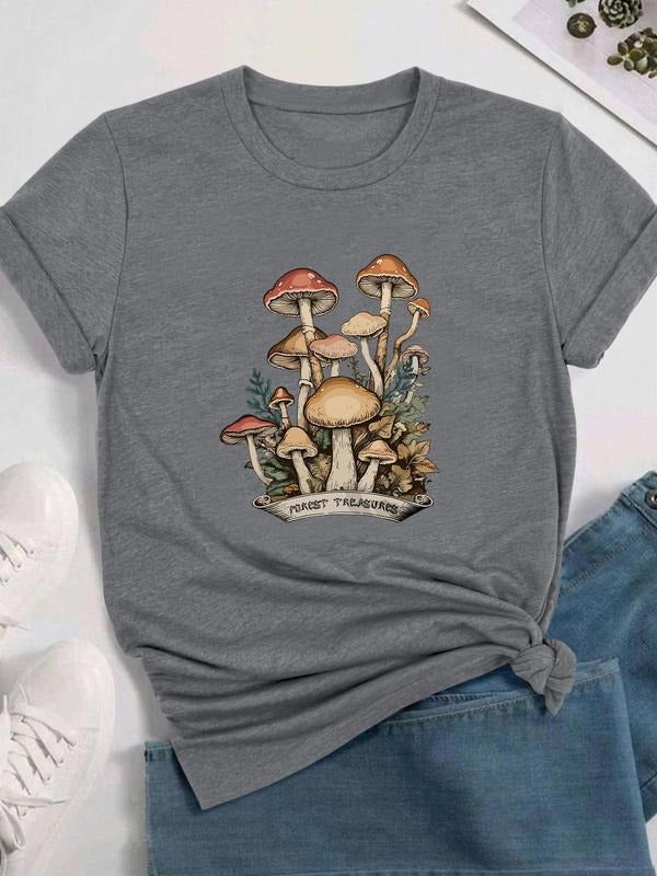 Mushroom Print Round Neck Casual Short Sleeve Crew Neck Daily Clothes All Seasons Top T-Shirts, Hoodie, Sweatshirt - T-Shirt, Sweatshirt, Hoodie