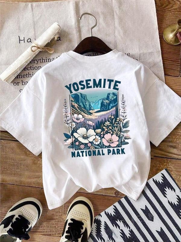 National Park Landscape & Letter Print Round Neck Vintage Casual Drop Shoulder Short Sleeve Daily Summer T-Shirts, Hoodie, Sweatshirt - T-Shirt, Sweatshirt, Hoodie