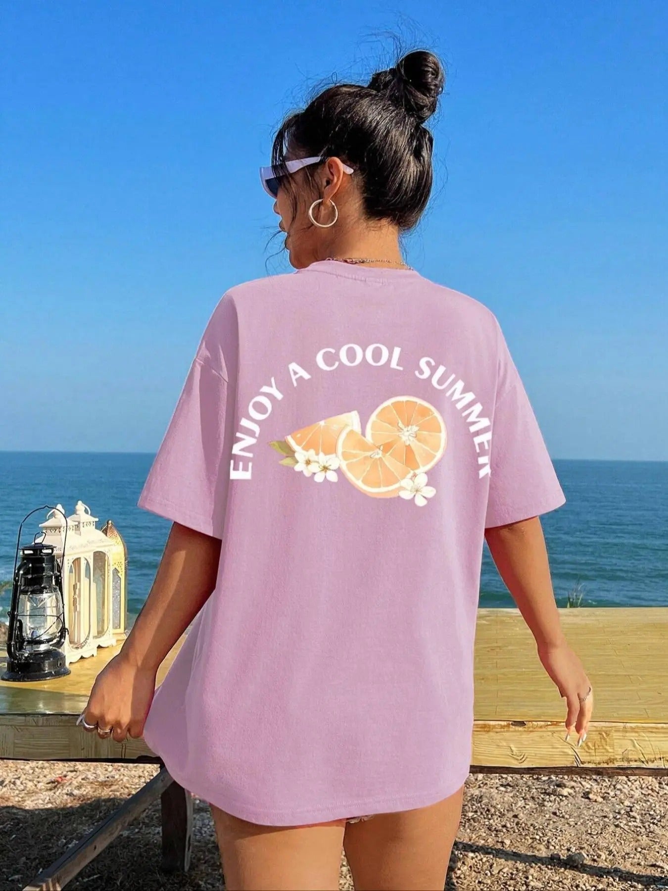 Orange & Letter Print Drop Shoulder Casual Half Sleeve Round Neck Summer Clothes Daily T-Shirts, Hoodie, Sweatshirt - T-Shirt, Sweatshirt, Hoodie