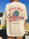 Palm Tree & Letter Print Round Neck Casual Drop Shoulder Half Sleeve Daily Clothes Summer T-Shirts, Hoodie, Sweatshirt - T-Shirt, Sweatshirt, Hoodie