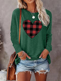 Plaid Heart Print Round Neck Casual Long Sleeve Crew Neck Fall & Winter Clothes Daily T-Shirts, Hoodie, Sweatshirt - T-Shirt, Sweatshirt, Hoodie