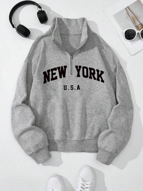 Plain Print Half Zip Up 1 Count Casual Long Sleeve Hooded Fall & Winter Clothes Daily T-Shirts, Hoodie, Sweatshirt - T-Shirt, Sweatshirt, Hoodie