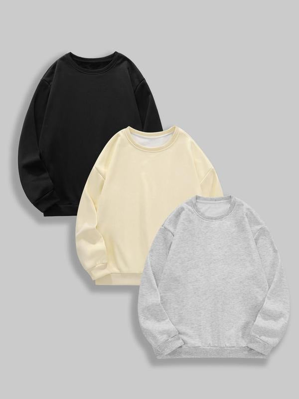 Plain Thermal Lined Crew Neck Casual Drop Shoulder Long Sleeve Fall & Winter Clothes Daily T-Shirts, Hoodie, Sweatshirt - T-Shirt, Sweatshirt, Hoodie