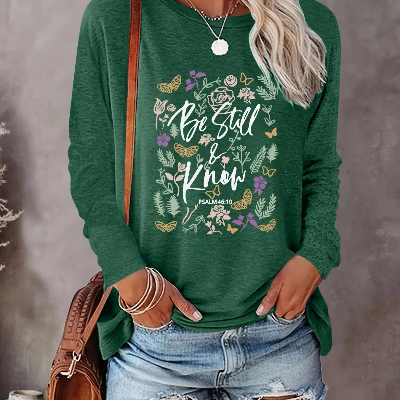 Plants & Letter Print Round Neck Casual Long Sleeve Crew Neck Top Fall & Winter Daily T-Shirts, Hoodie, Sweatshirt - T-Shirt, Sweatshirt, Hoodie