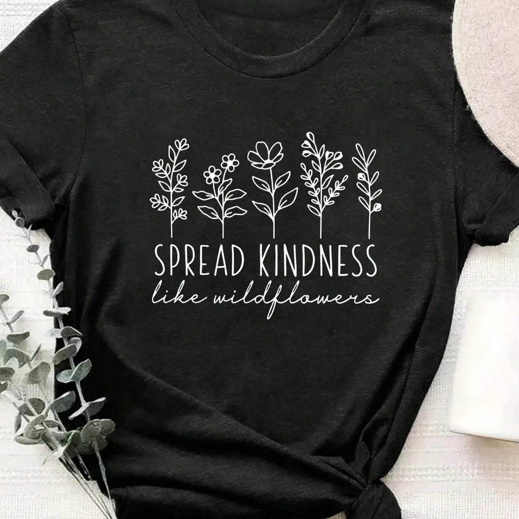 Plants & Letter Print Round Neck Casual Short Sleeve Summer Clothes Daily T-Shirts, Hoodie, Sweatshirt - T-Shirt, Sweatshirt, Hoodie