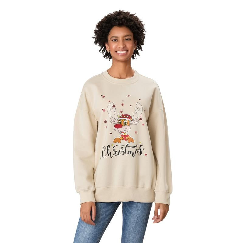 Reindeer Loose Letter Print Crew Neck Long Sleeve Tops Fall Winter T-Shirts, Hoodie, Sweatshirt - T-Shirt, Sweatshirt, Hoodie