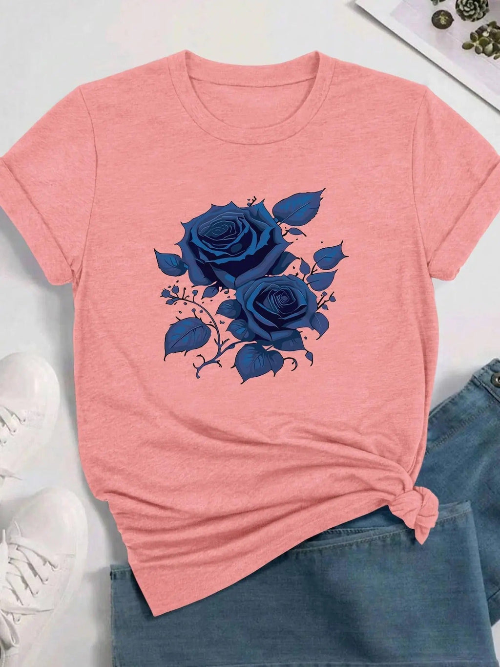 Rose Print Round Neck Casual Short Sleeve Crew Neck Daily Clothes All Seasons T-Shirts, Hoodie, Sweatshirt - T-Shirt, Sweatshirt, Hoodie
