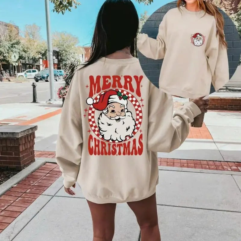 Santa Claus & Letter Print Thermal Lined Casual Long Sleeve Round Neck Fall & Winter Clothes Daily T-Shirts, Hoodie, Sweatshirt - T-Shirt, Sweatshirt, Hoodie