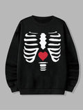 Skeleton & Heart Print Drop Shoulder Casual Long Sleeve Round Neck Fall & Winter Clothes Daily T-Shirts, Hoodie, Sweatshirt - T-Shirt, Sweatshirt, Hoodie