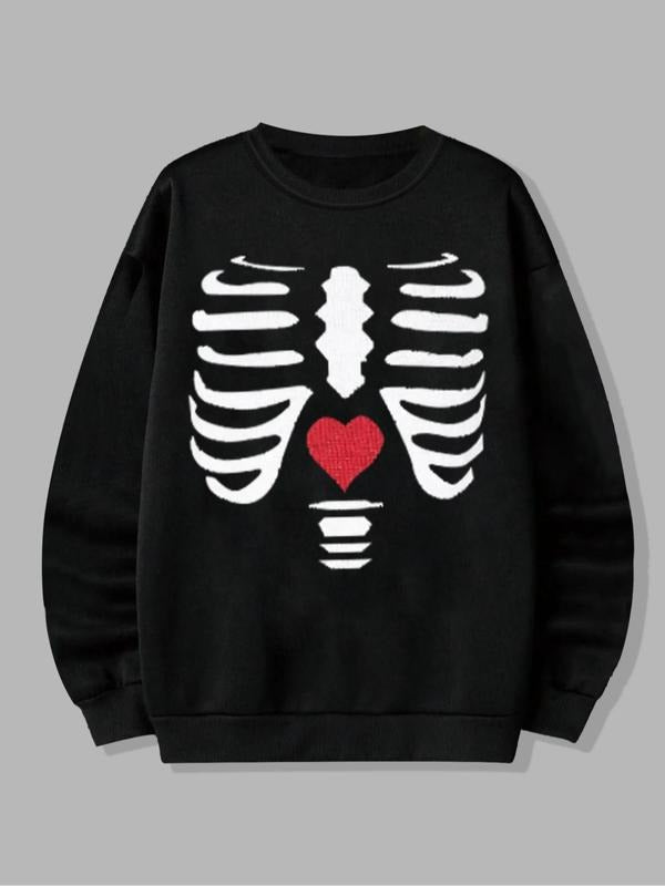 Skeleton & Heart Print Drop Shoulder Casual Long Sleeve Round Neck Fall & Winter Clothes Daily T-Shirts, Hoodie, Sweatshirt - T-Shirt, Sweatshirt, Hoodie