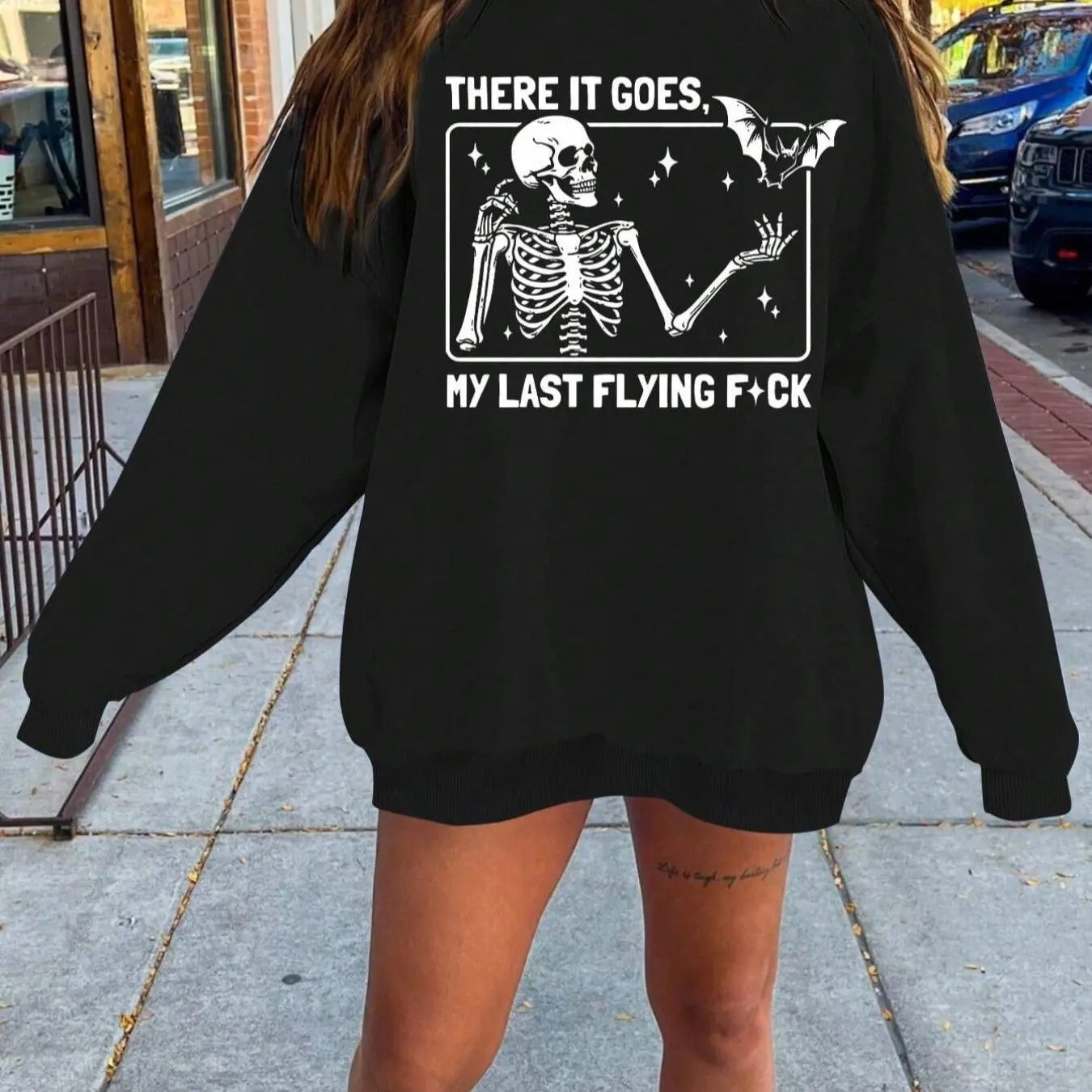 Skeleton & Letter Print Drop Shoulder Casual Long Sleeve Round Neck Fall & Winter Clothes Daily T-Shirts, Hoodie, Sweatshirt - T-Shirt, Sweatshirt, Hoodie