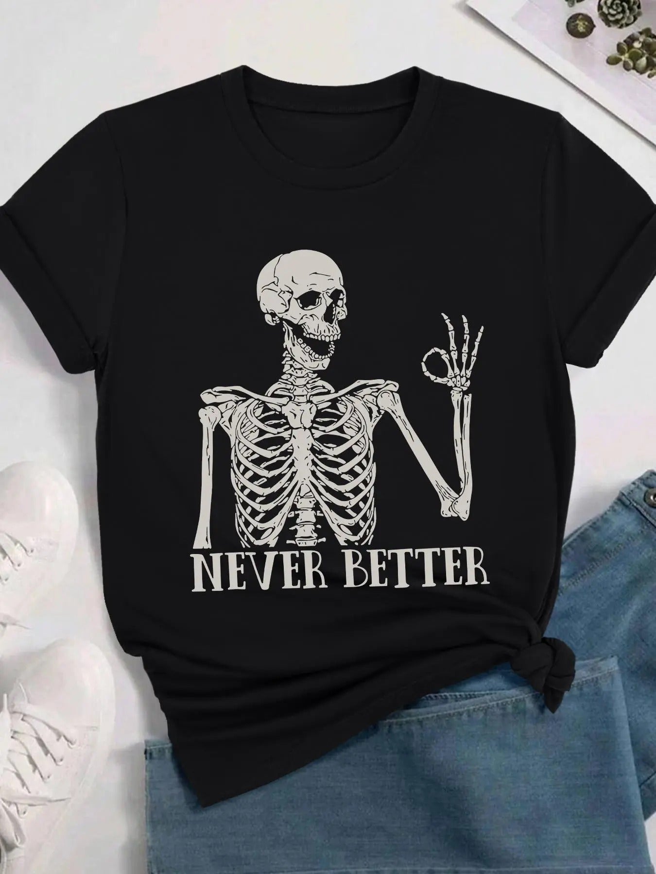 Skeleton & Letter Print Round Neck Vintage Casual Short Sleeve Daily Summer Outfitstyle{N002}2 T-Shirts, Hoodie, Sweatshirt - T-Shirt, Sweatshirt, Hoodie