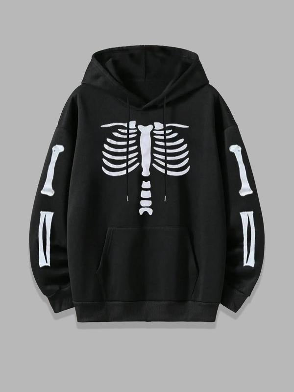 Skeleton Print Drop Shoulder Casual Drawstring Pocket Hooded Daily Outdoor Fall & Winter T-Shirts, Hoodie, Sweatshirt - T-Shirt, Sweatshirt, Hoodie