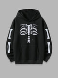 Skeleton Print Drop Shoulder Casual Drawstring Pocket Hooded Daily Outdoor Fall & Winter T-Shirts, Hoodie, Sweatshirt - T-Shirt, Sweatshirt, Hoodie