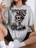 Skull & Letter Print Drop Shoulder Casual Half Sleeve Round Neck Summer Top Daily T-Shirts, Hoodie, Sweatshirt - T-Shirt, Sweatshirt, Hoodie