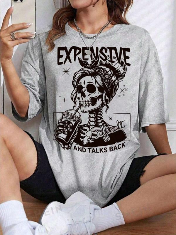 Skull & Letter Print Drop Shoulder Casual Half Sleeve Round Neck Summer Top Daily T-Shirts, Hoodie, Sweatshirt - T-Shirt, Sweatshirt, Hoodie