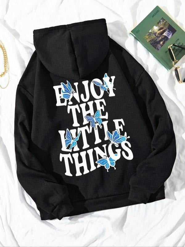 Slogan Print Drop Shoulder Drawstring Casual Printed Pocket Hooded Daily Fall & Winter Clothes T-Shirts, Hoodie, Sweatshirt - T-Shirt, Sweatshirt, Hoodie