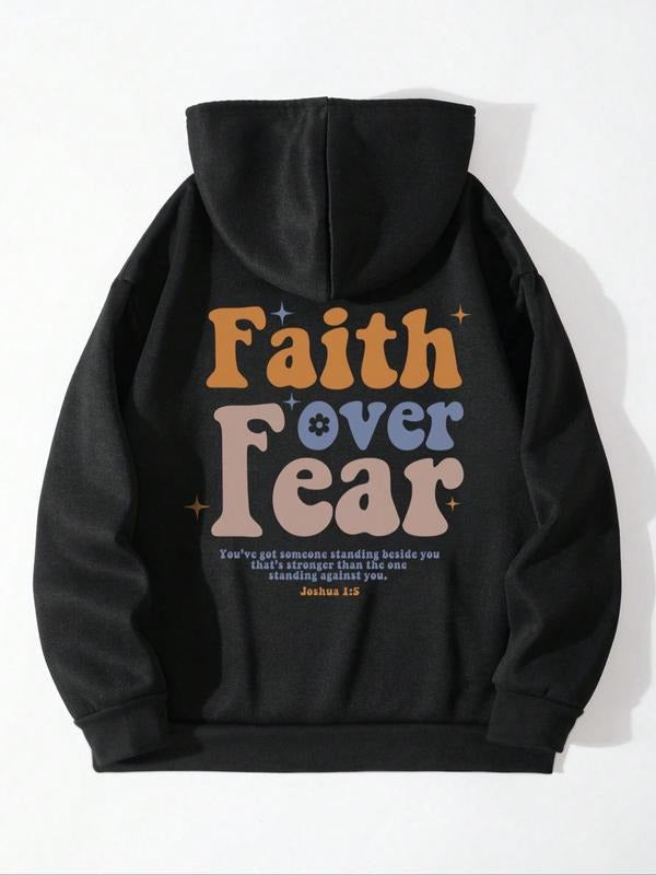 Slogan Print Drop Shoulder Casual Drawstring Pocket Hooded Daily Outdoor Clothes Fall & Winter T-Shirts, Hoodie, Sweatshirt - T-Shirt, Sweatshirt, Hoodie