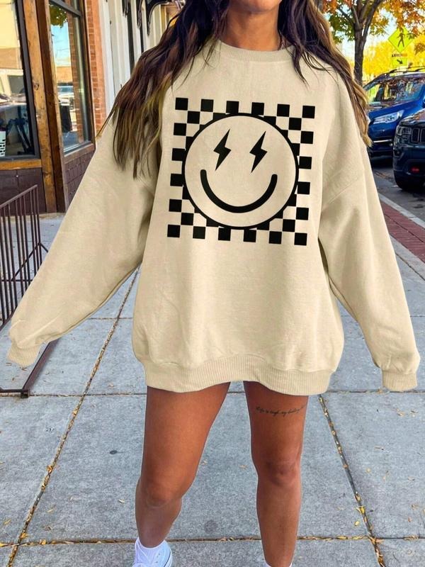 Smile Face & Plaid Print Drop Shoulder Thermal Lined Casual Long Sleeve Round Neck Fall & Winter Clothes Daily T-Shirts, Hoodie, Sweatshirt - T-Shirt, Sweatshirt, Hoodie