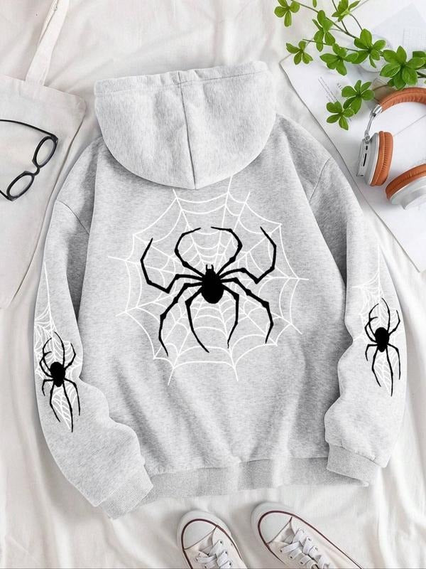 Spider Web & Spider Print Drawstring Pocket Casual Drop Shoulder Hooded Daily Outdoor Fall & Winter T-Shirts, Hoodie, Sweatshirt - T-Shirt, Sweatshirt, Hoodie