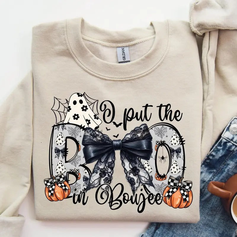 I Put Boo Boujee Boo Jee Ghost Coquette Halloween Shirts Cotton Polyester T-Shirts, Hoodie, Sweatshirt - T-Shirt, Sweatshirt, Hoodie