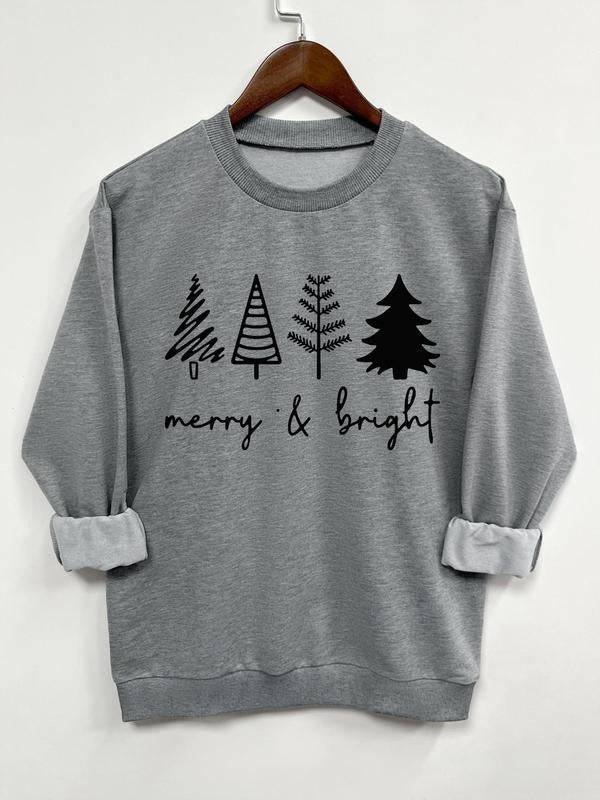 Tree & Letter Print Drop Shoulder Casual Long Sleeve Round Neck Spring & Fall Clothes Daily T-Shirts, Hoodie, Sweatshirt - T-Shirt, Sweatshirt, Hoodie