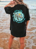 Turtle & Letter Print Drop Shoulder Casual Half Sleeve Round Neck Summer Clothes Beach Vacation T-Shirts, Hoodie, Sweatshirt - T-Shirt, Sweatshirt, Hoodie