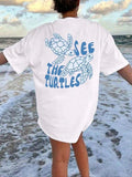 Turtle & Letter Print Round Neck Casual Drop Shoulder Half Sleeve Summer T-Shirts, Hoodie, Sweatshirt - T-Shirt, Sweatshirt, Hoodie