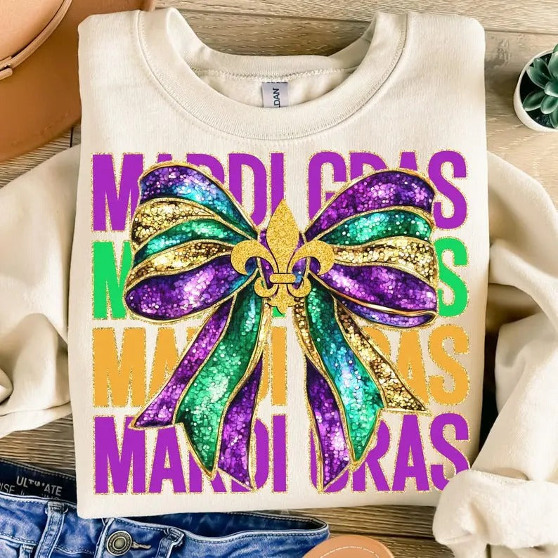 Glitter Mardi Gras Coquette Bow Shirt Mardi Gras Mardi Beads Louisiana Festival Shirt New Orleans Carnival Bow Mardi Gras Sublimation T-Shirts, Hoodie, Sweatshirt - T-Shirt, Sweatshirt, Hoodie