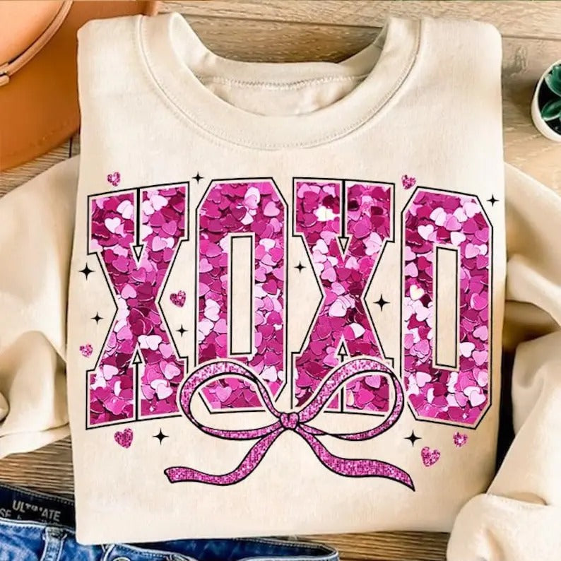 Valentine XOXO Coquette Sparkly Glitter Shirt Shirt Xoxo Pink Faux Sequins Valentines T-Shirts, Hoodie, Sweatshirt - T-Shirt, Sweatshirt, Hoodie