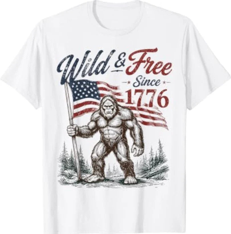 Patriotic Bigfoot Wild and Free Since 1776 4th of July T-Shirt Unisex T-shirt, Sweatshirt, Hoodie, Long Sleeve Tee - T-Shirt, Sweatshirt, Hoodie